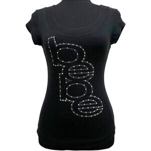 Vintage Bebe Y2K Rhinestone Logo Top Ribbed Shirt Black XS S M USA Made McBling